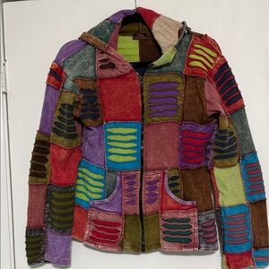 Women’s Rising International Hippie Patchwork BOHO distressed Hoodie Large